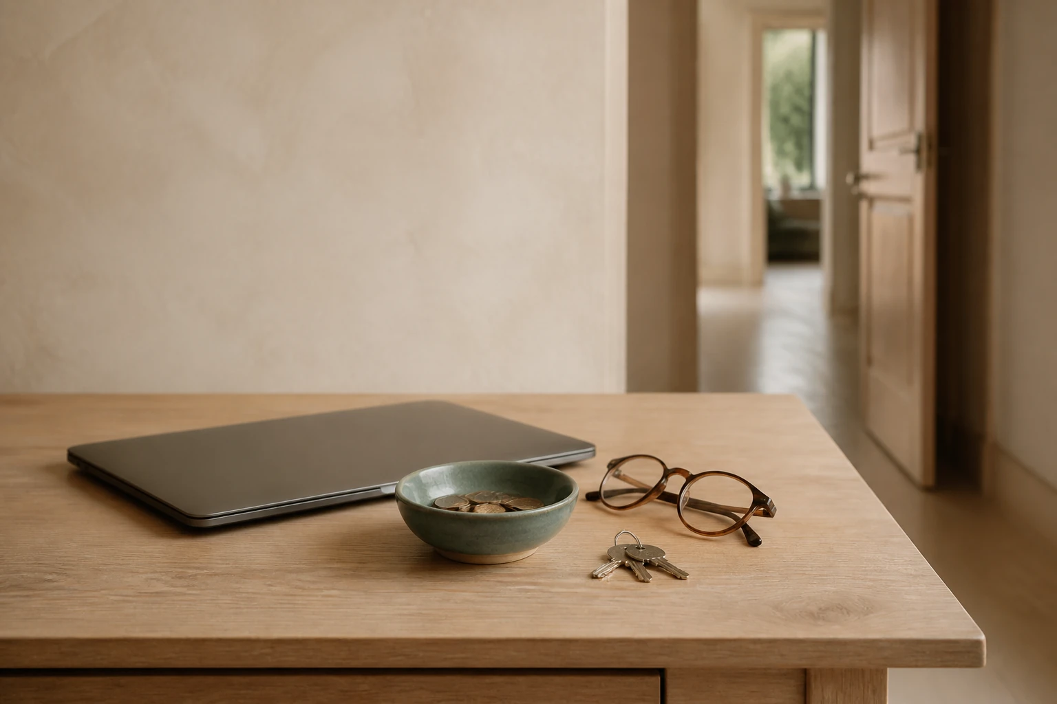 A closed laptop, a bowl of coins, reading glasses and house keys on a quiet home desk.