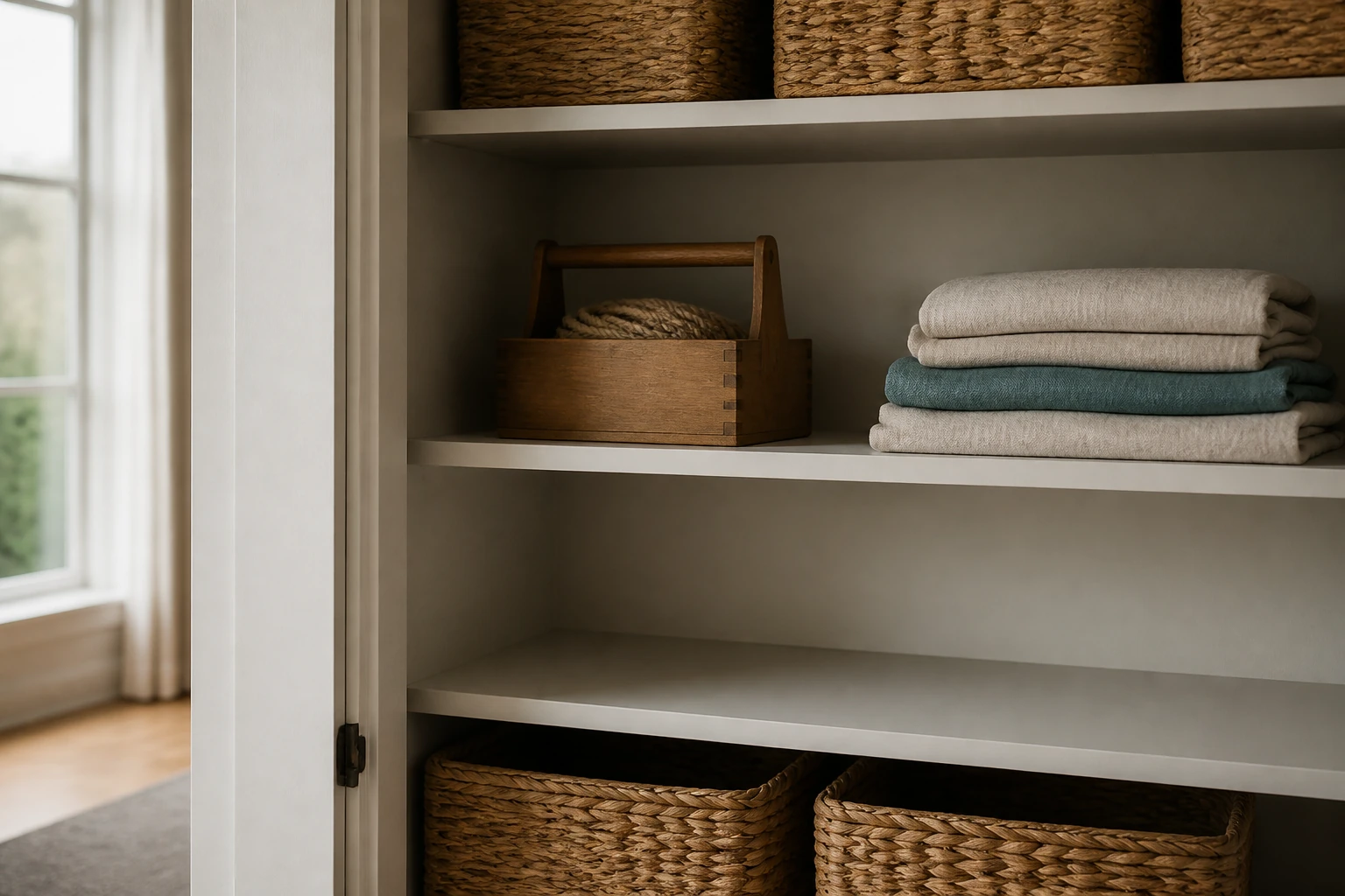 An open utility cupboard with baskets, folded linens, a toolbox, and one clear shelf space.