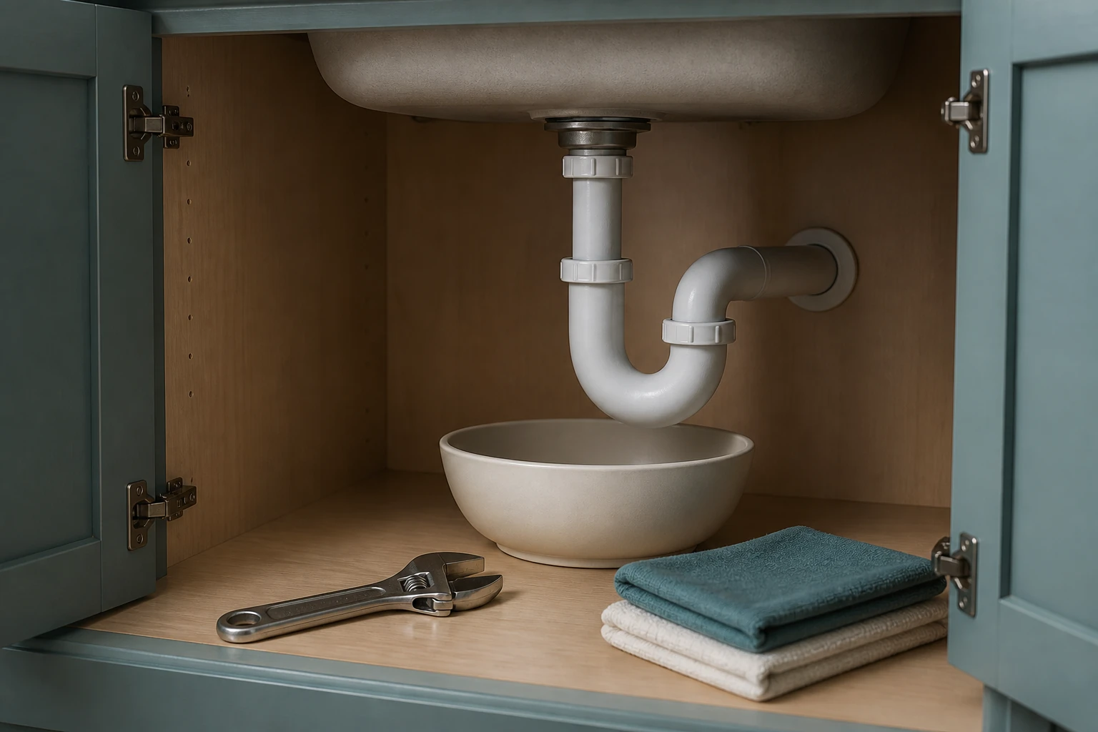 An open kitchen sink cabinet with plumbing, a catch basin, a wrench, and folded cloths.