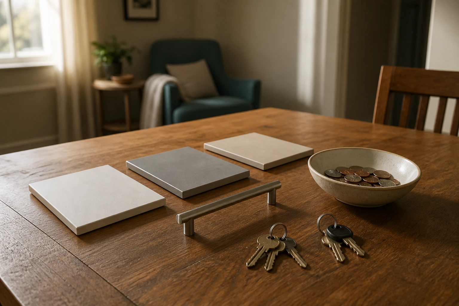 Tile samples, a cabinet handle, coins, and two sets of keys on a quiet dining table.