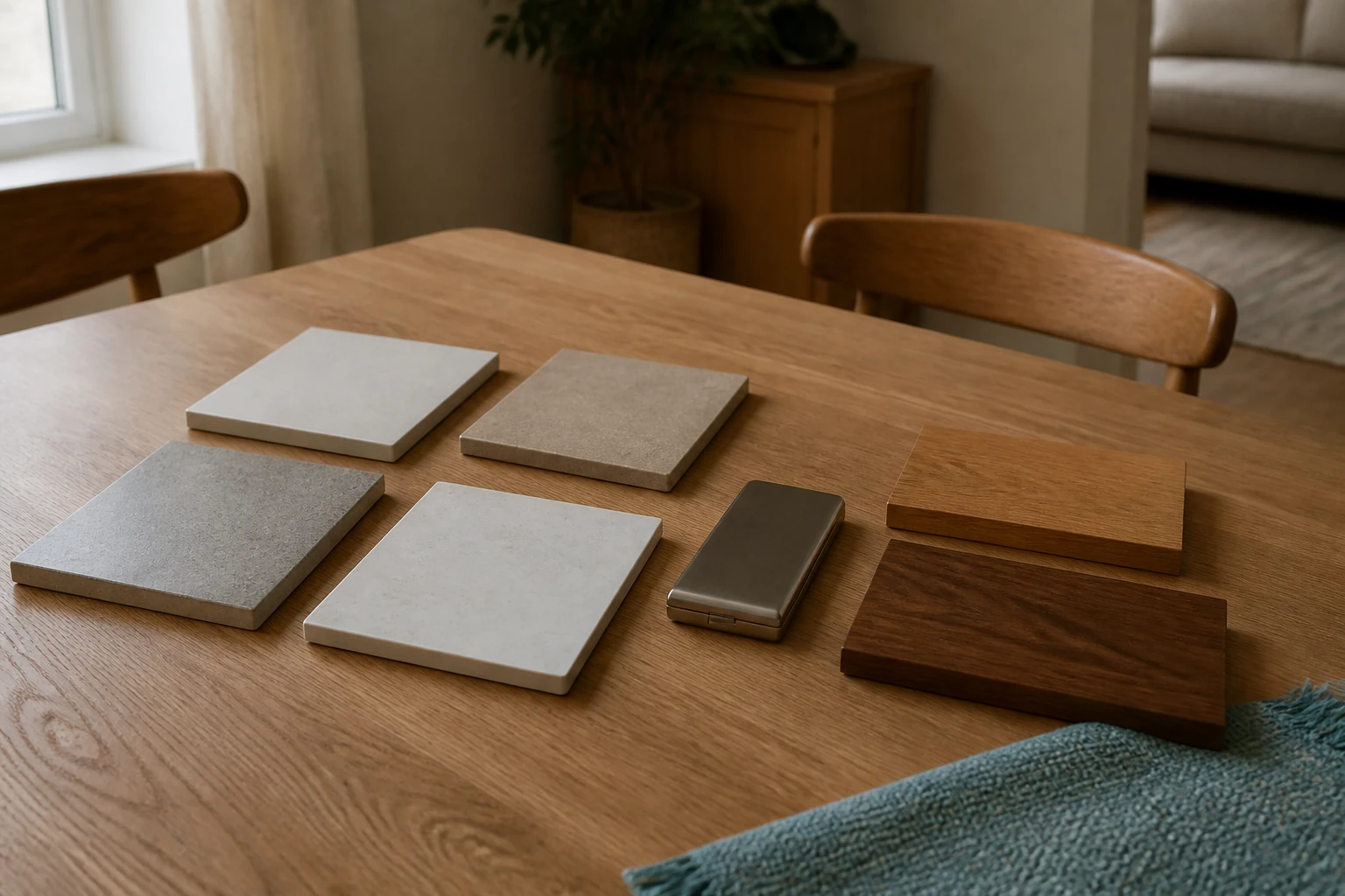 Unmarked tile and wood samples arranged on a dining table during a quiet home renovation decision.