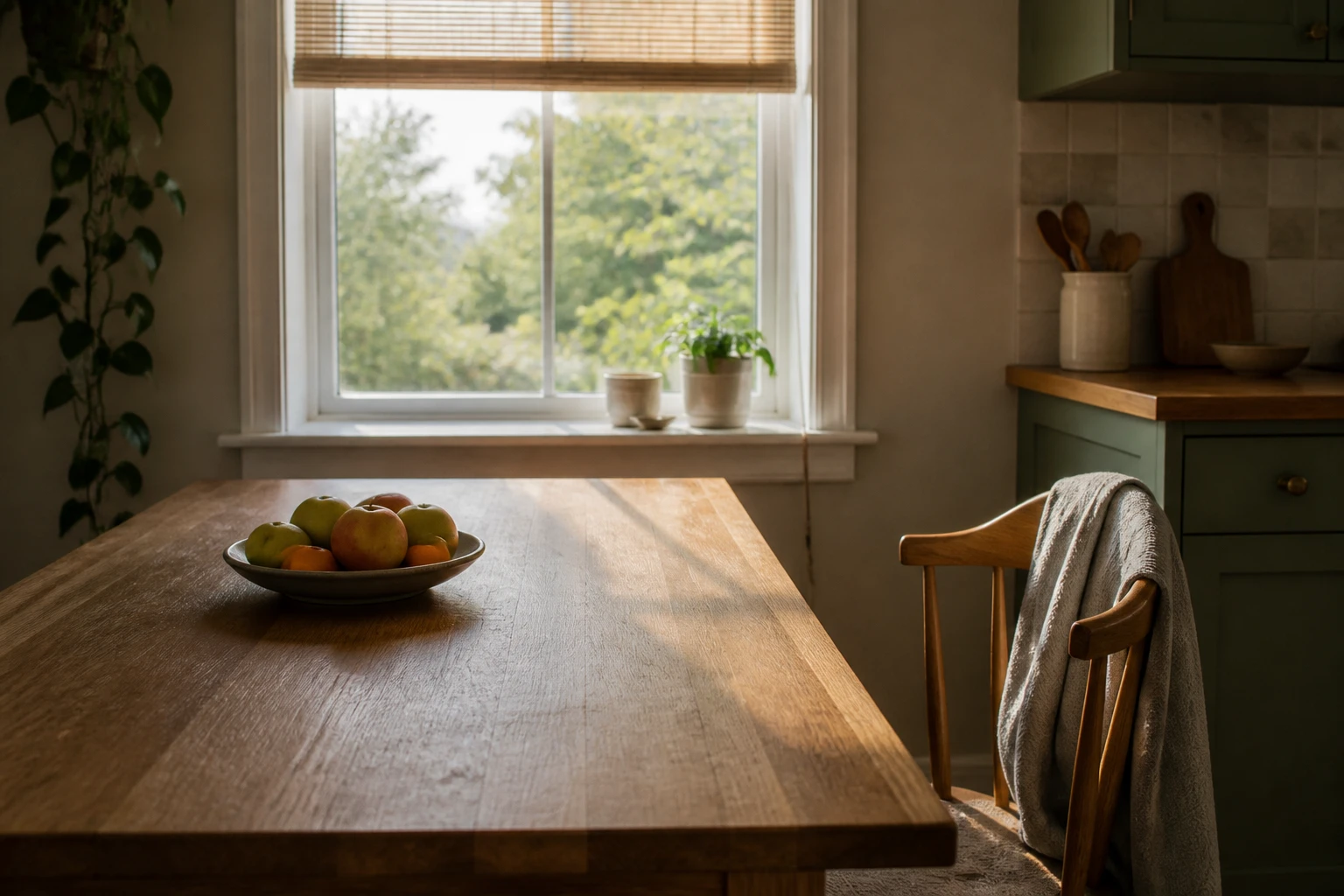 A cleared kitchen table with a bowl of fruit in early morning light.