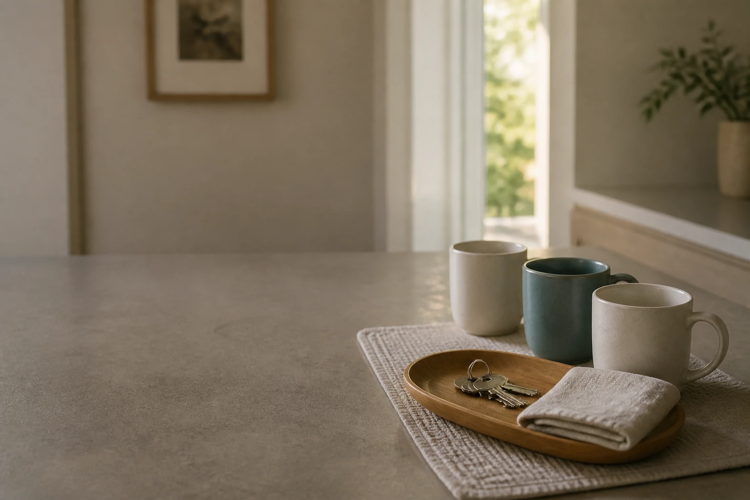 Three plain ceramic mugs drying beside a wooden tray of house keys on a quiet shared kitchen counter.