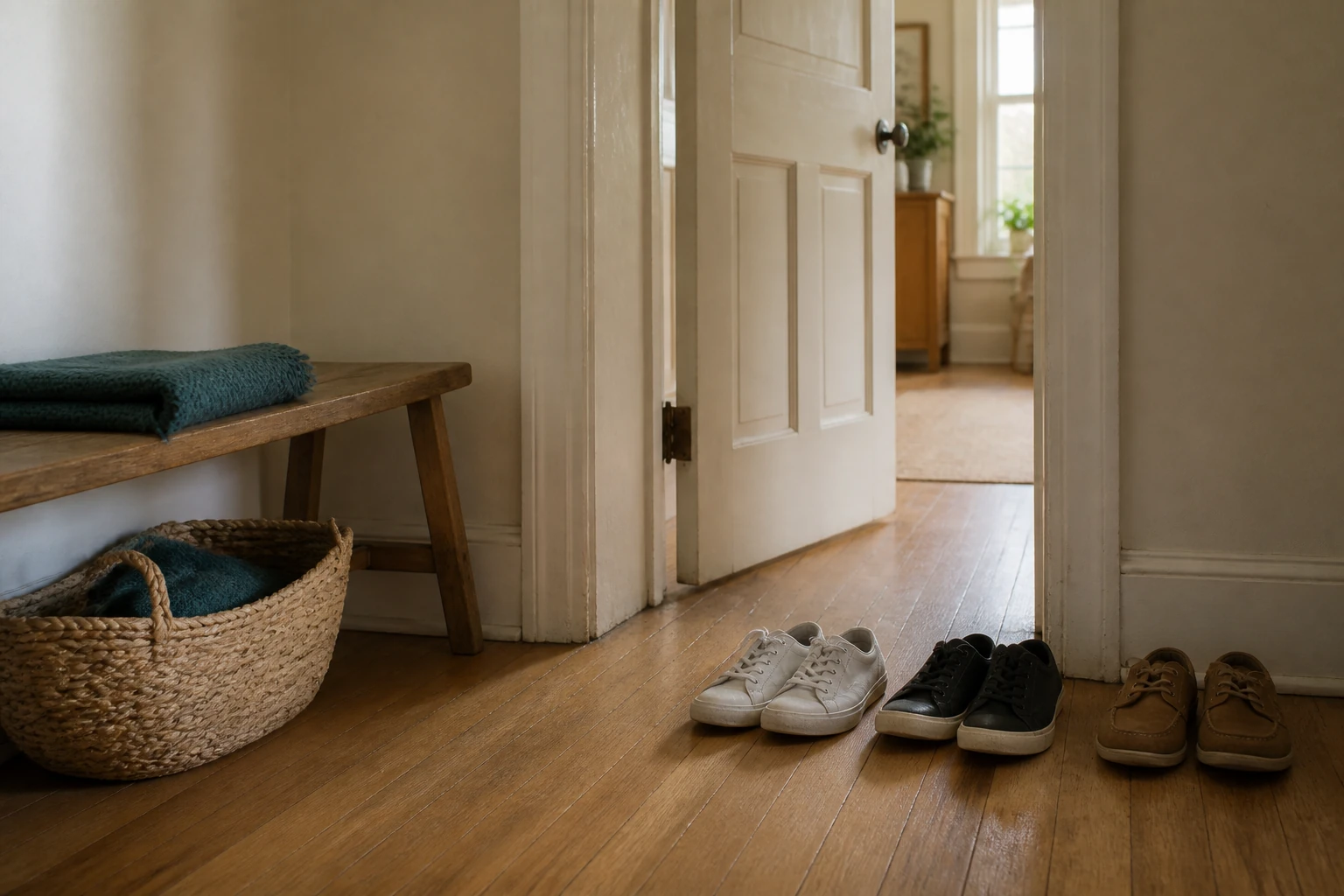 An empty hallway with several pairs of shoes beside an open interior door in soft afternoon light.