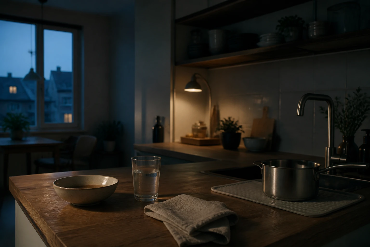 A quiet kitchen counter with a bowl, glass, folded towel, and saucepan at blue hour.