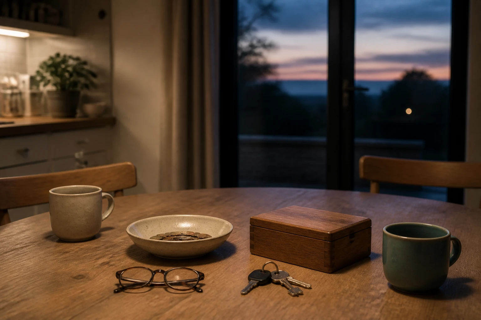 Two cups, a bowl of coins, a wooden cash box, reading glasses, and house keys on a kitchen table.