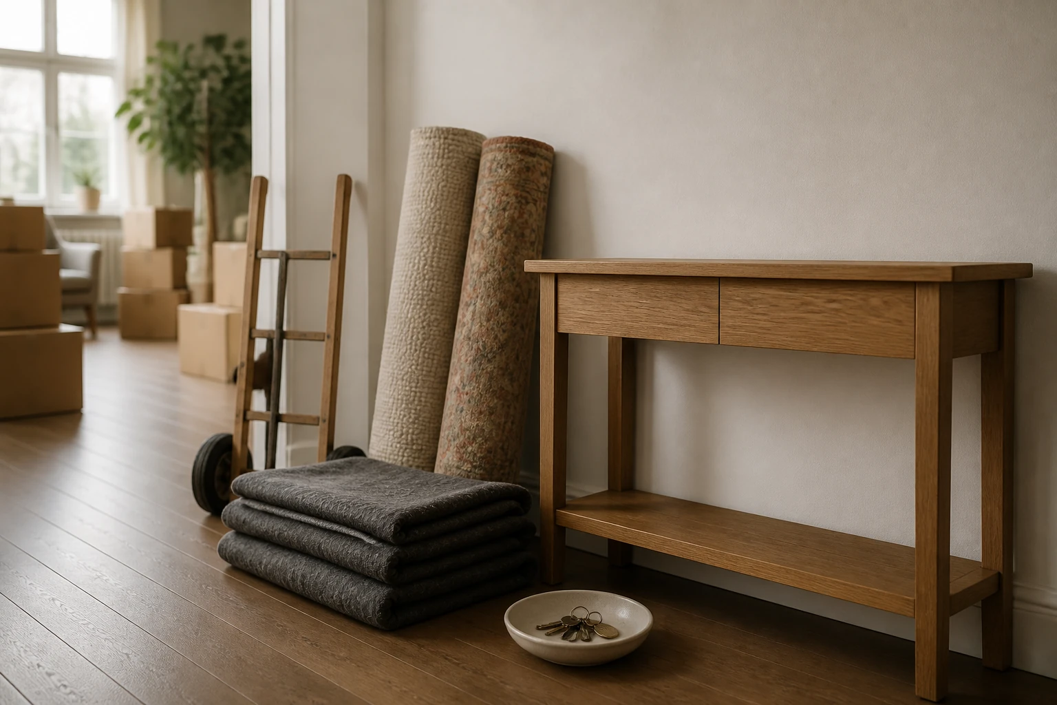 Rolled rugs, folded moving blankets, a hand truck, and two sets of keys in a quiet apartment entryway.