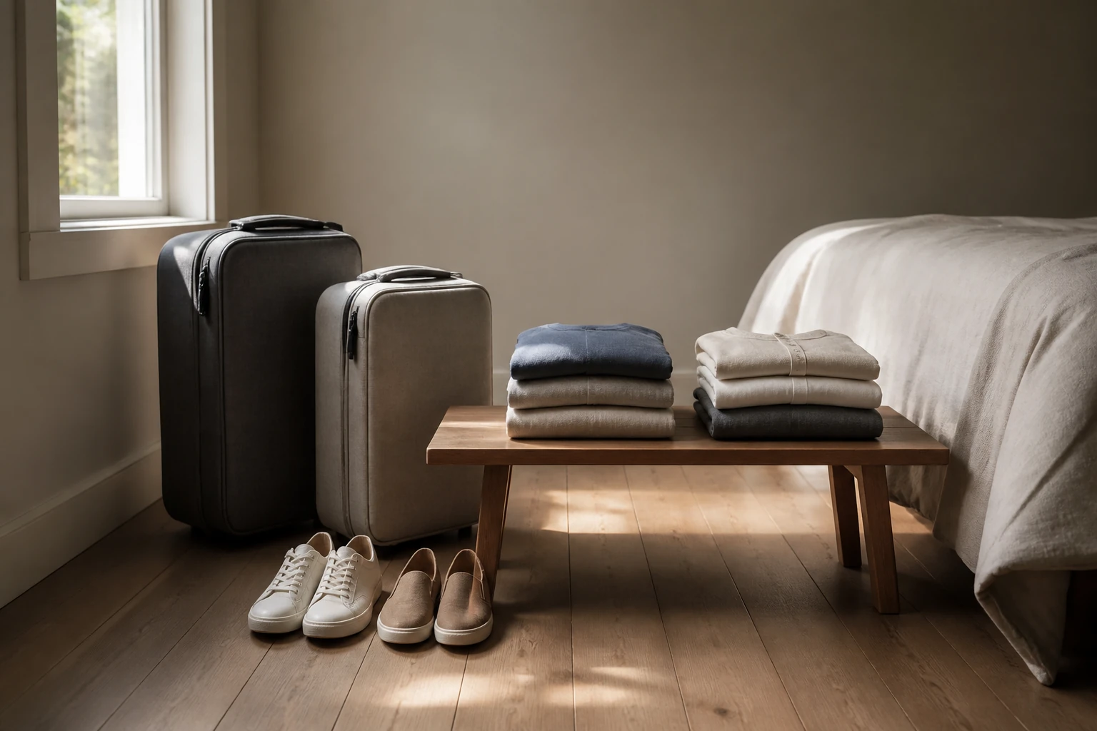Two closed suitcases, folded clothes and shoes prepared in a quiet bedroom.