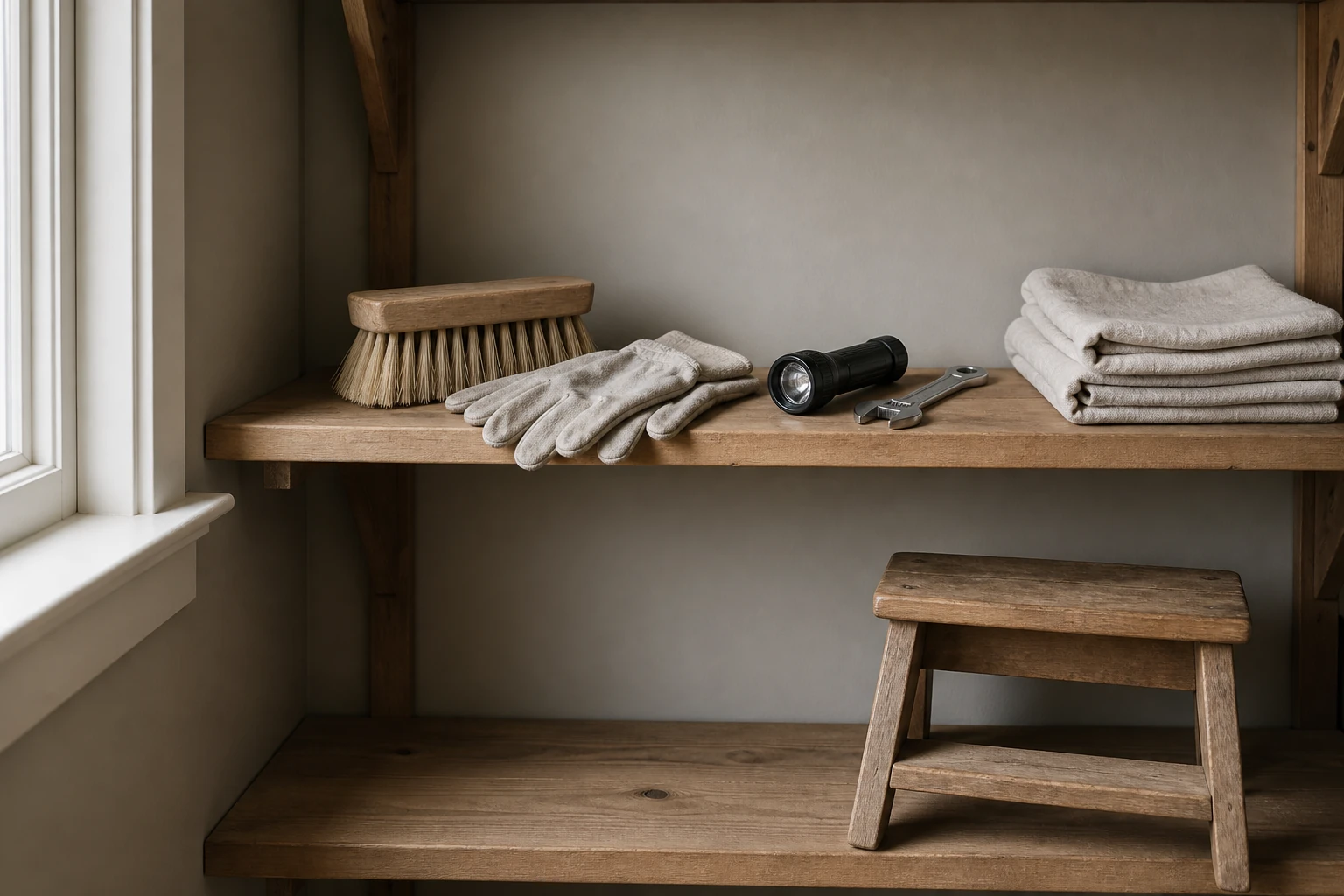 Work gloves, a flashlight, a brush, a wrench, folded cloths, and a step stool in a home utility alcove.