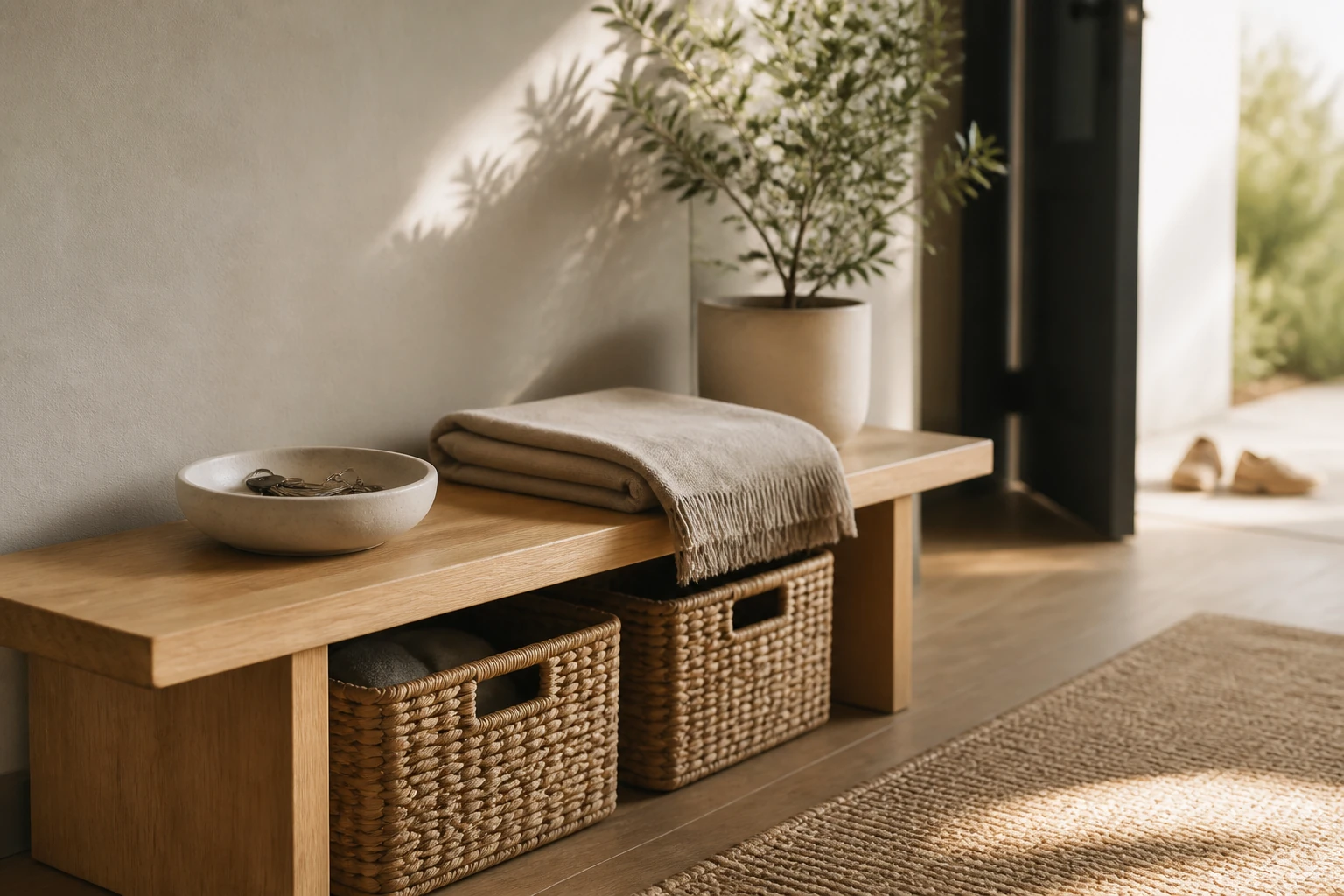 A quiet entryway with two woven baskets, a bowl of keys, folded linen and a small plant in morning light.