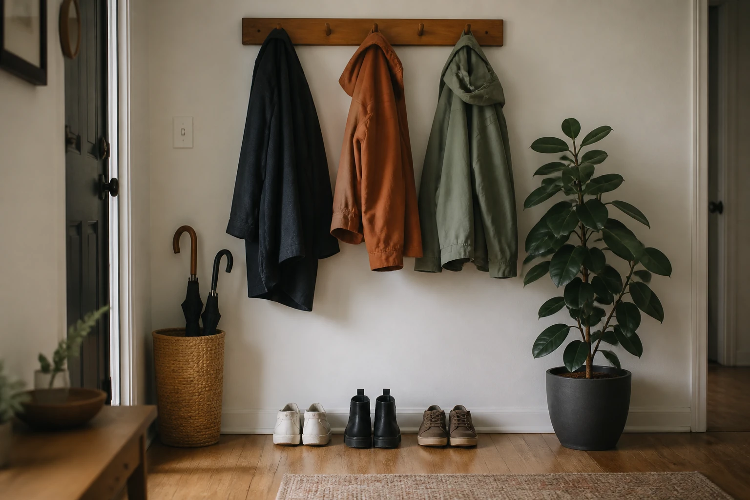 Three pairs of shoes and three coats arranged in a quiet apartment entryway.