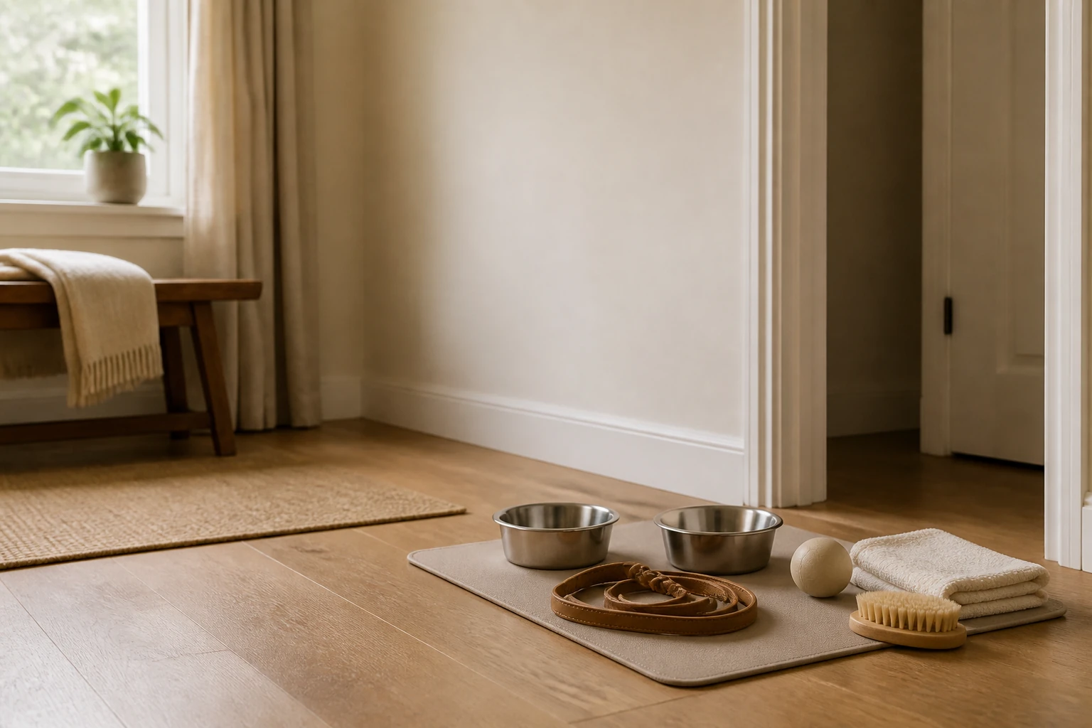 Two pet bowls, a coiled leash, a ball, a folded towel, and a grooming brush by an empty doorway.