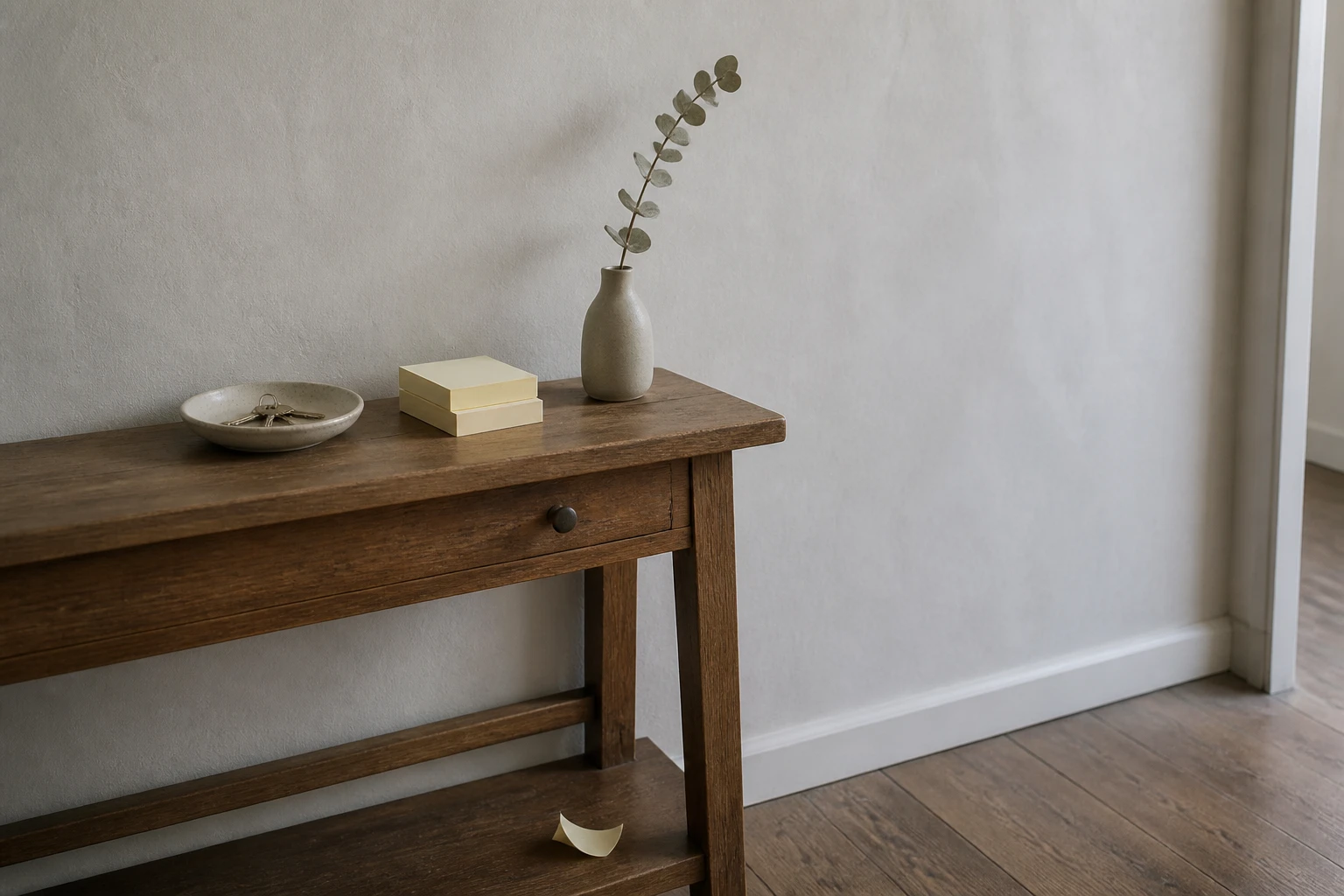 House keys, blank sticky-note pads and a slip of paper fallen beneath a hallway console table.