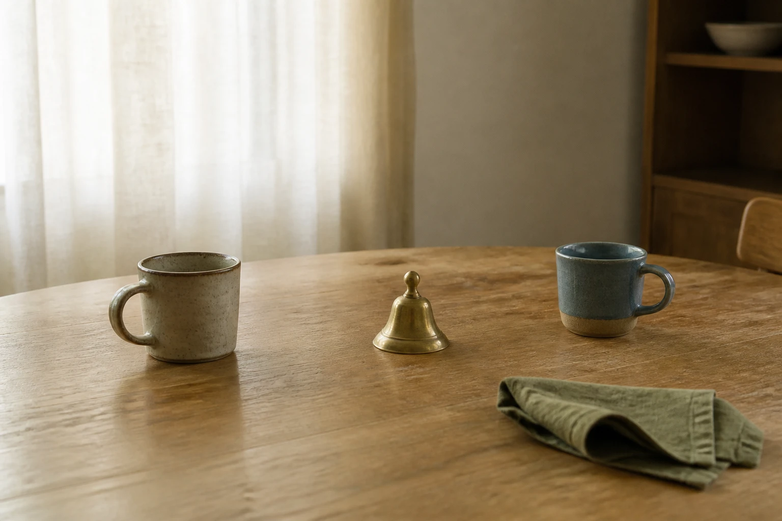 Two mugs facing each other across a plain wooden table in soft daylight.