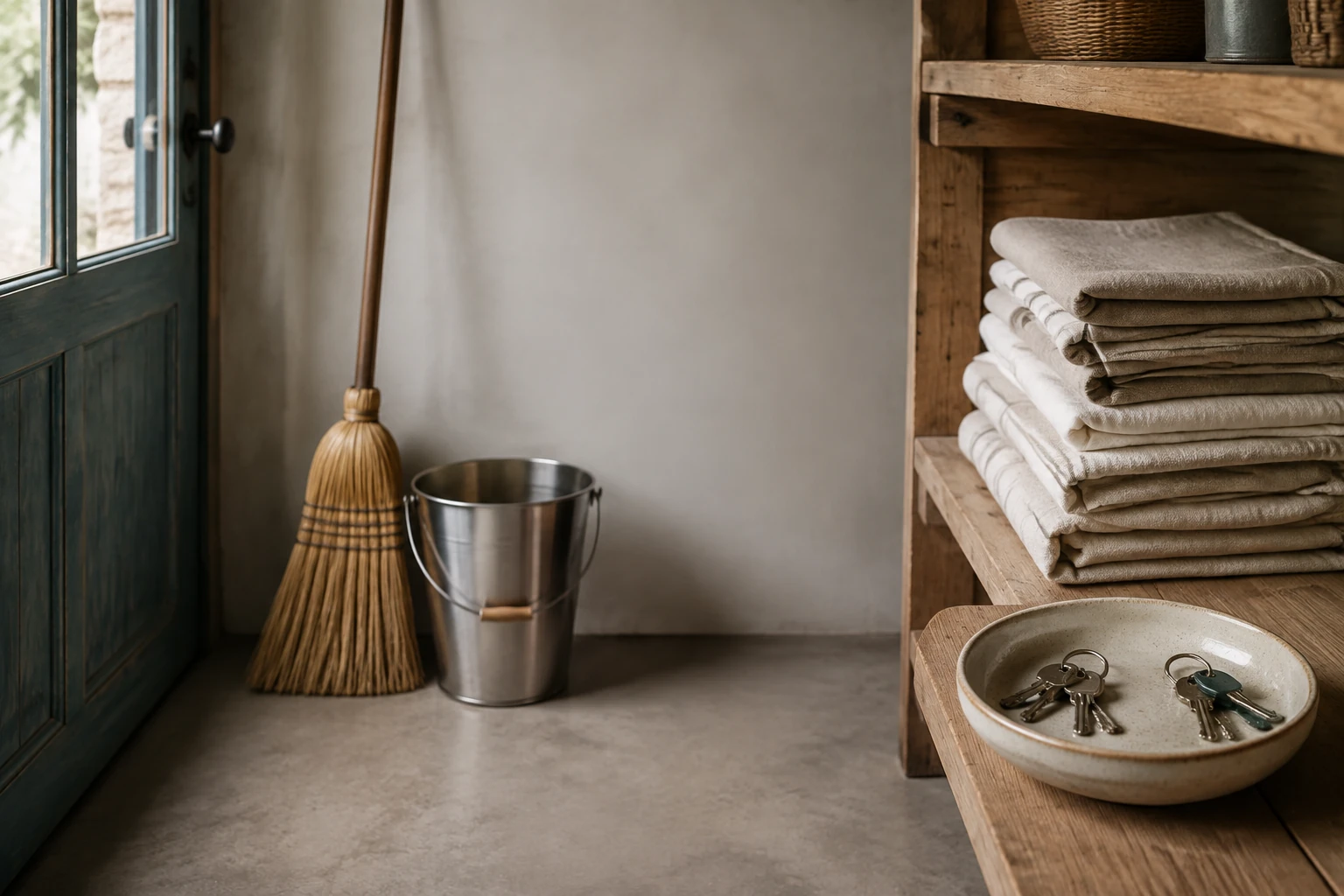 A quiet utility room with a natural-bristle broom, folded linen cloths, a stainless steel bucket, and two sets of house keys.