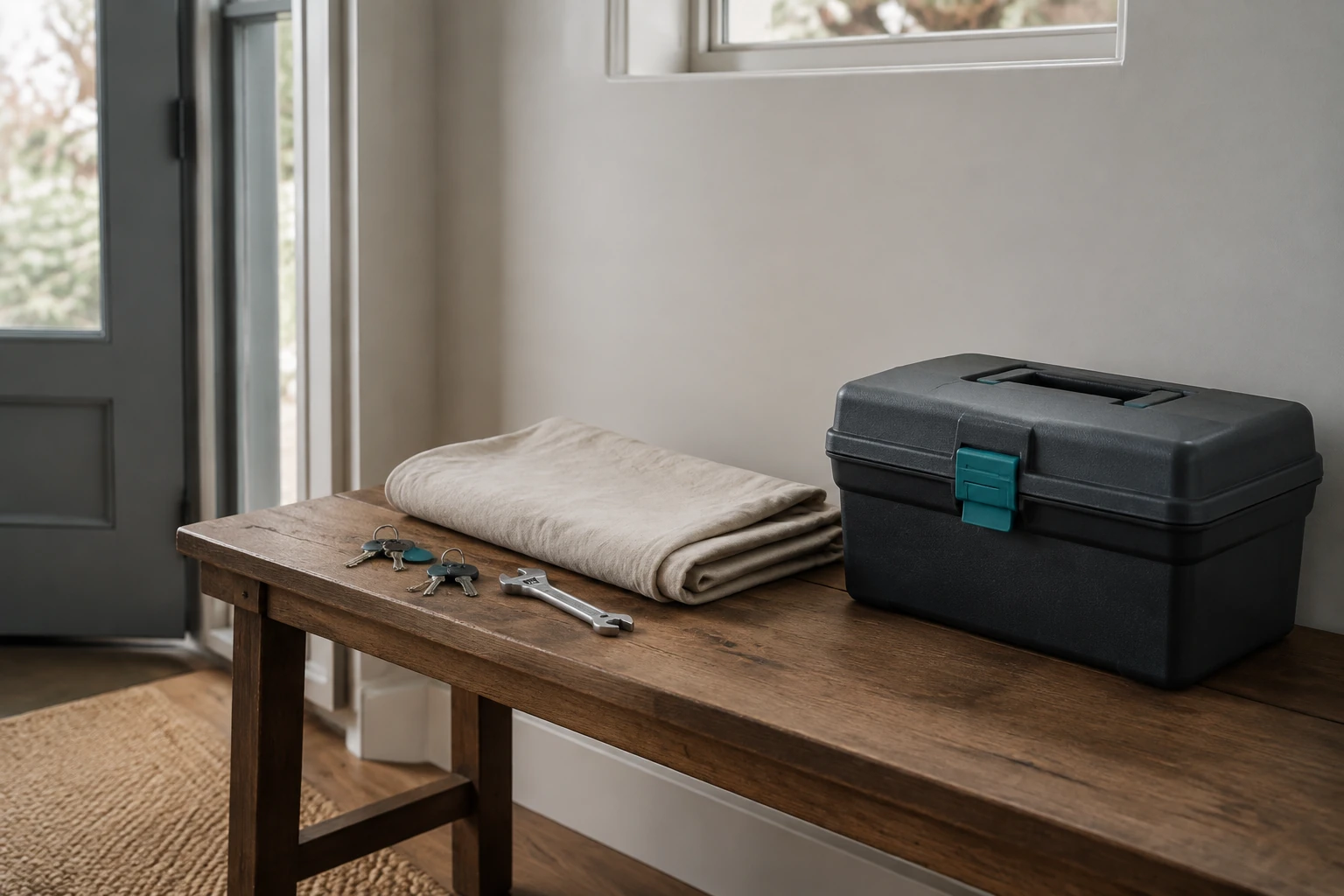 A toolbox, folded drop cloth, wrench, and two sets of keys waiting in a quiet home entryway.