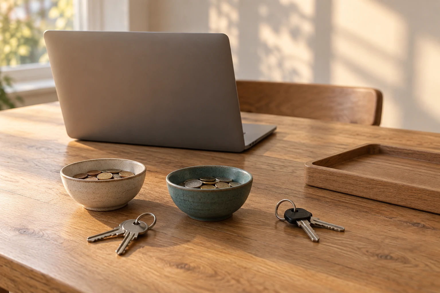 A closed laptop, two bowls of coins, and two sets of keys on a quiet household desk.