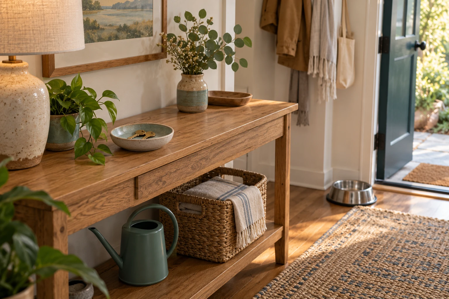 Brass keys, a watering can, folded linen, and a pet bowl arranged in a quiet home entryway.