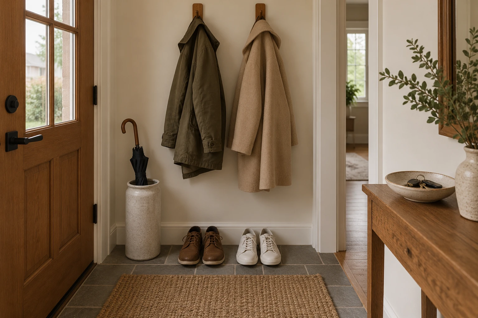 Two coats, two pairs of shoes, an umbrella, and house keys arranged in a quiet home entryway.
