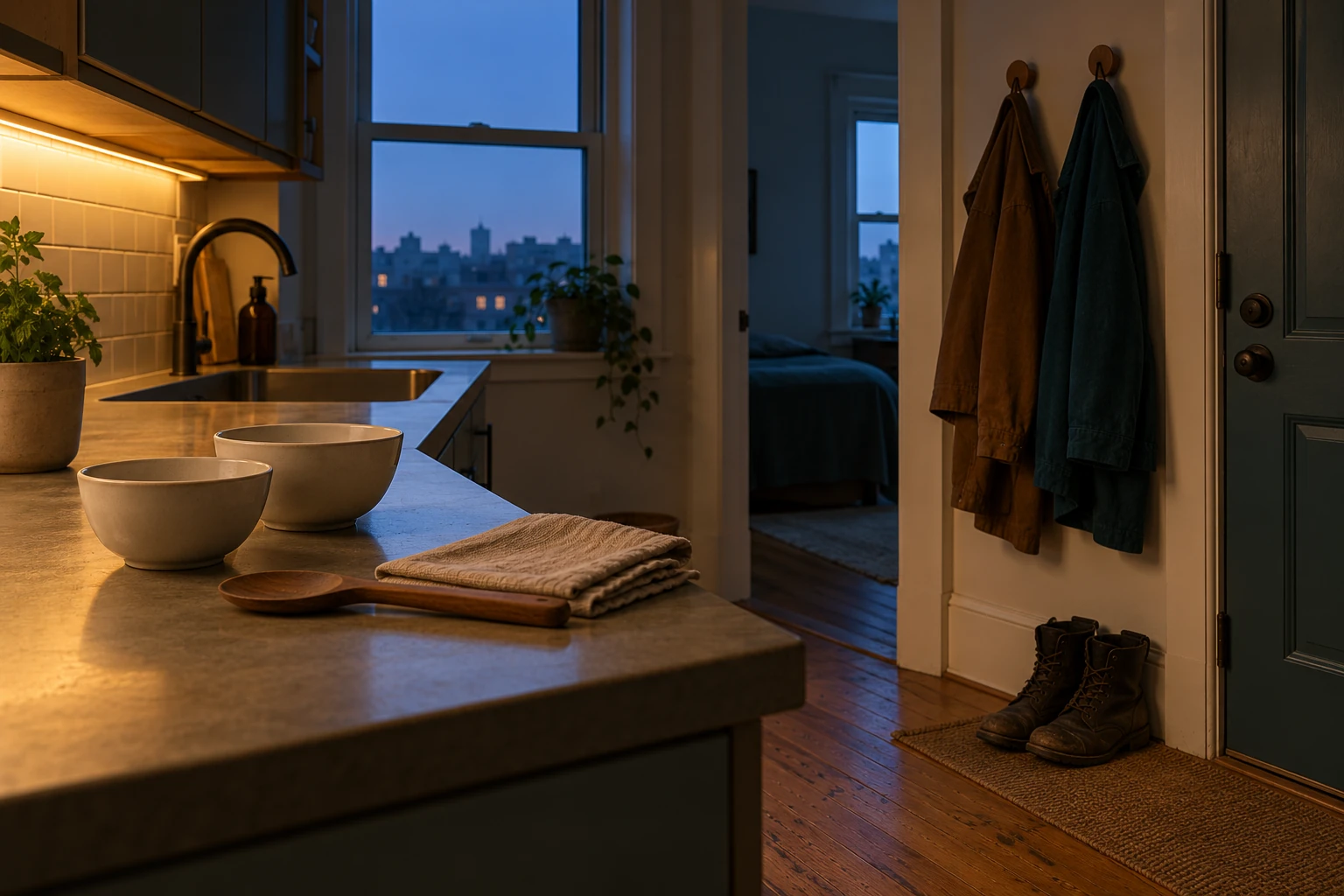 Two bowls, work boots, and two coats in a quiet kitchen before dawn.