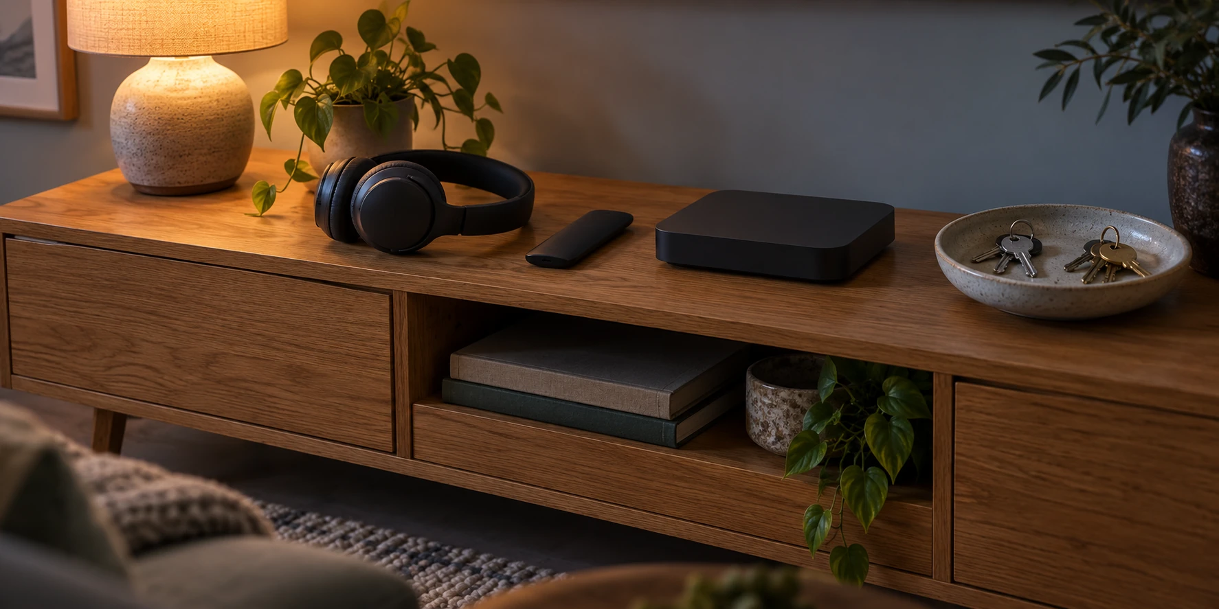 Headphones, a face-down remote, a streaming box, and two sets of house keys on a living-room console.