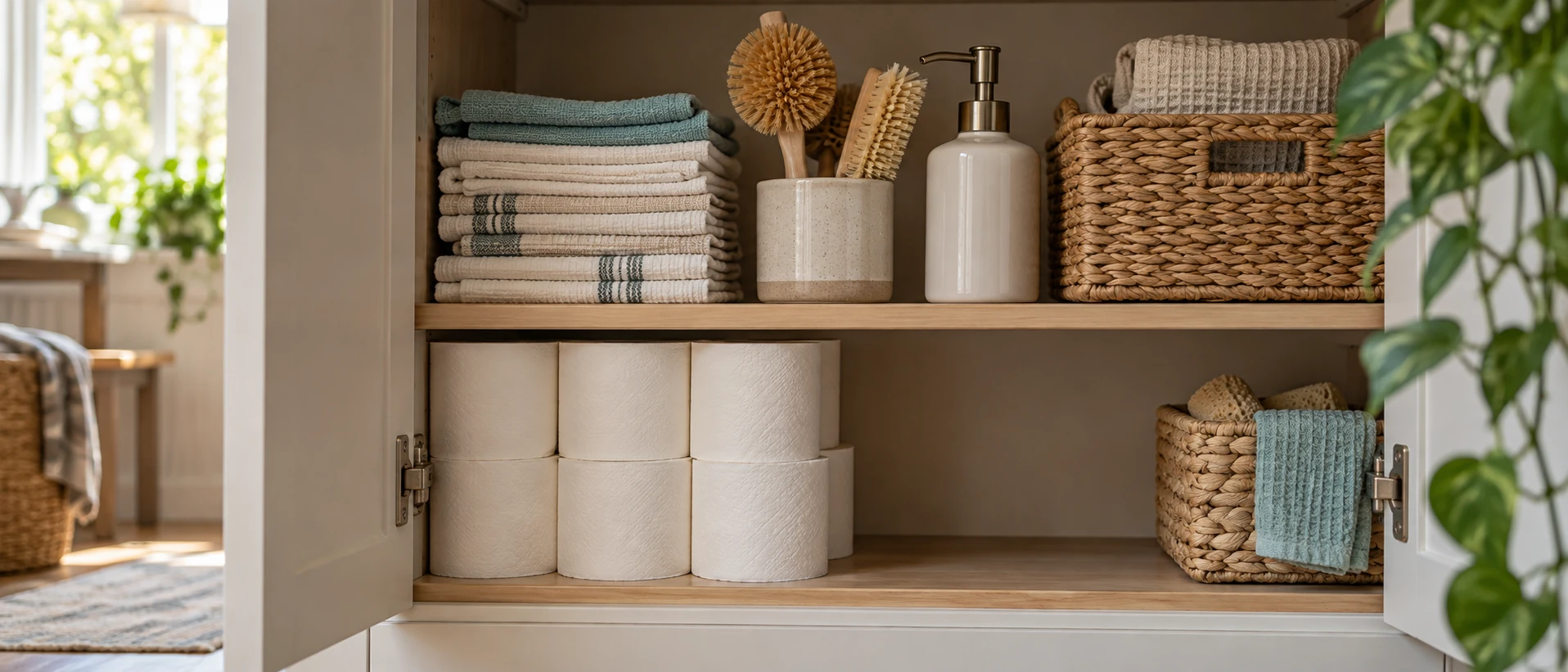 Folded cloths, brushes, a soap dispenser, toilet paper, and woven baskets in an open utility cupboard.