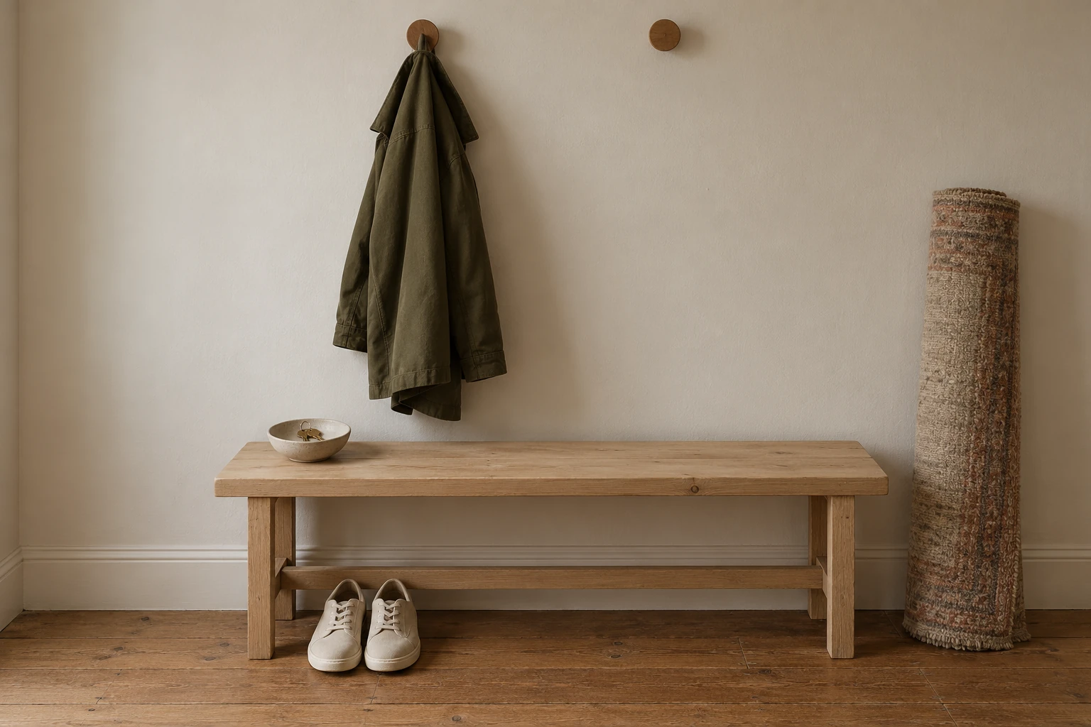 A partly cleared apartment entryway with an empty wall hook, a rolled rug, a key bowl, and a pair of shoes.