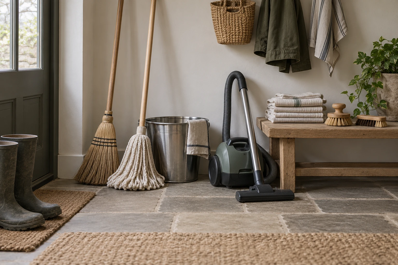 A broom, mop, bucket, vacuum and folded cloths arranged in a quiet home utility room.